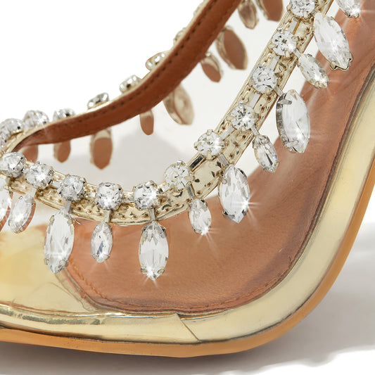 Gold & Clear PVC Pointed Toe 4'' Decorative Heel Slingback Sandals