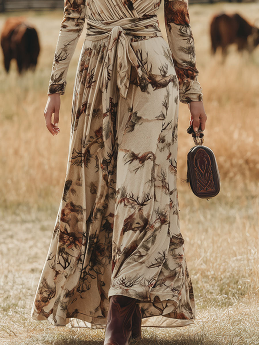Fashion Retro Apricot Velvet Plum Blossom Print Lace-up Maxi Dress