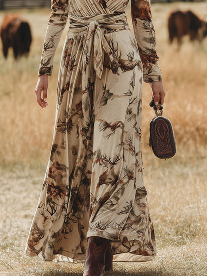 Fashion Retro Apricot Velvet Plum Blossom Print Lace-up Maxi Dress