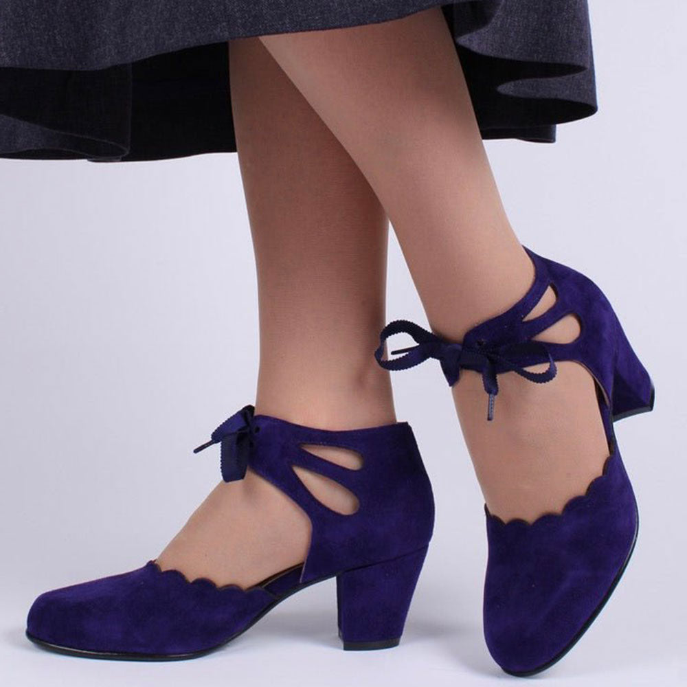 Faux Suede Block Heel Ankle Strap Lace-Up Purple Pumps for Women