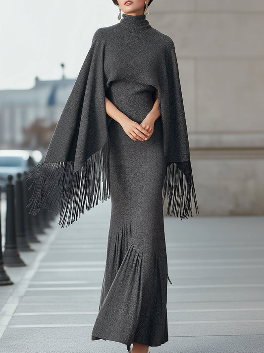 Elegant Fringe Cape And Maxi Dress Set