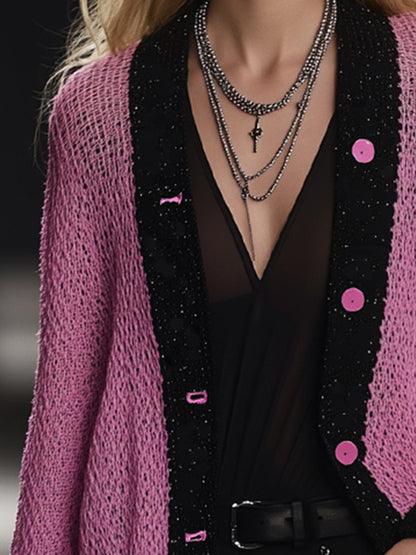 Elegant And Charming Rose Pink Hemmed Button Knitted Cardigan