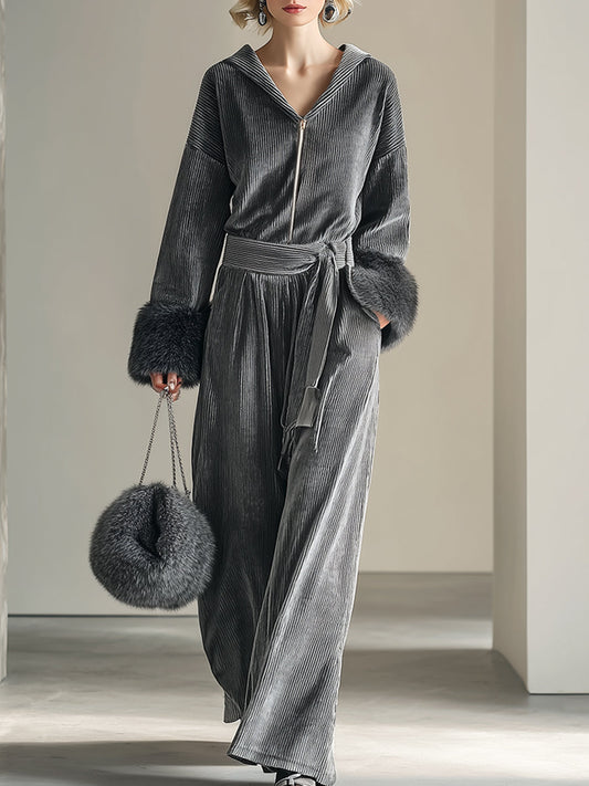 Elegant Loose Fur Trim Silver-gray Textured Velvet Hooded Front Zipper Belt Long-sleeved Jumpsuit