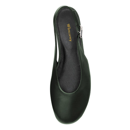Dark Green Vegan Leather Buckle Flat Slingback Closed Toe Shoes