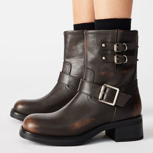 Dark Brown Closed Toe Low Chunky Heel Buckled Ankle Boots