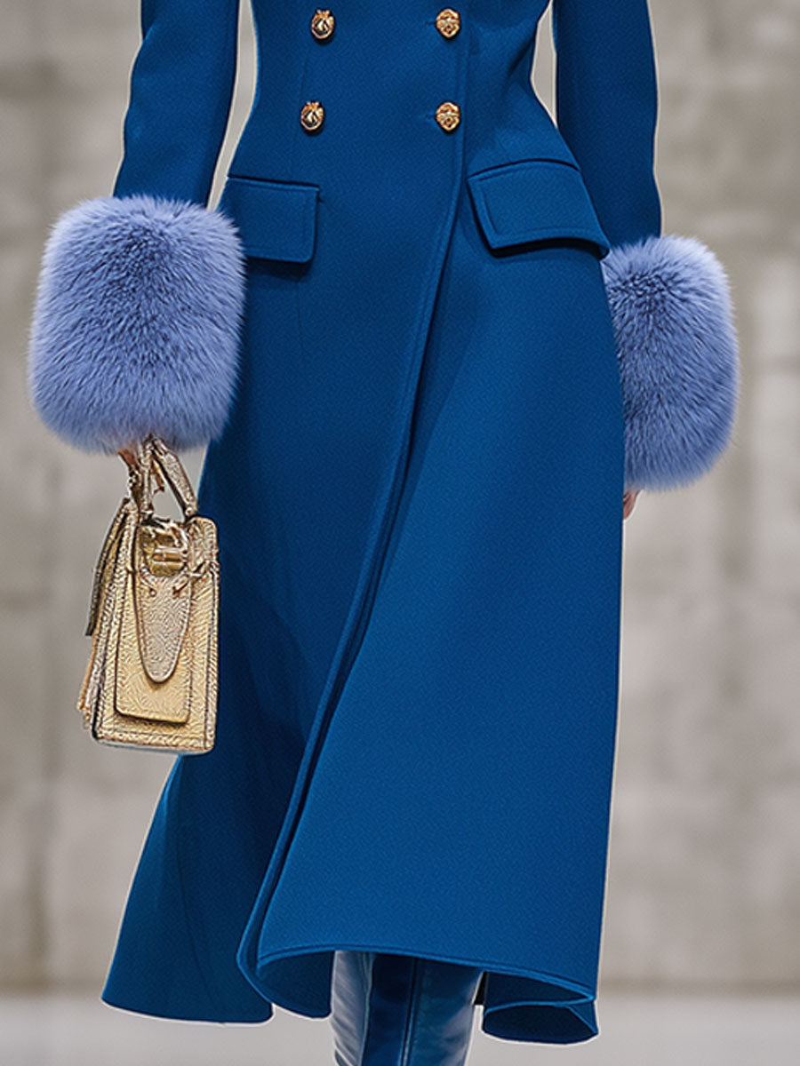Elegant And Fashionable Blue Plush Cuffs Woolen Coat