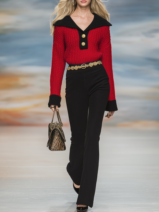 Elegant Fashion Lapel Sweater And Pants Set