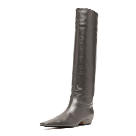 Dark Grey Square Toe Chunky Heel Knee-High Long Boots for Women