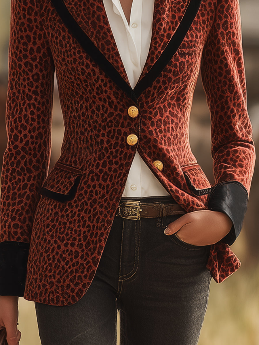 Western Retro Leopard Print Maroon Velvet Blazer
