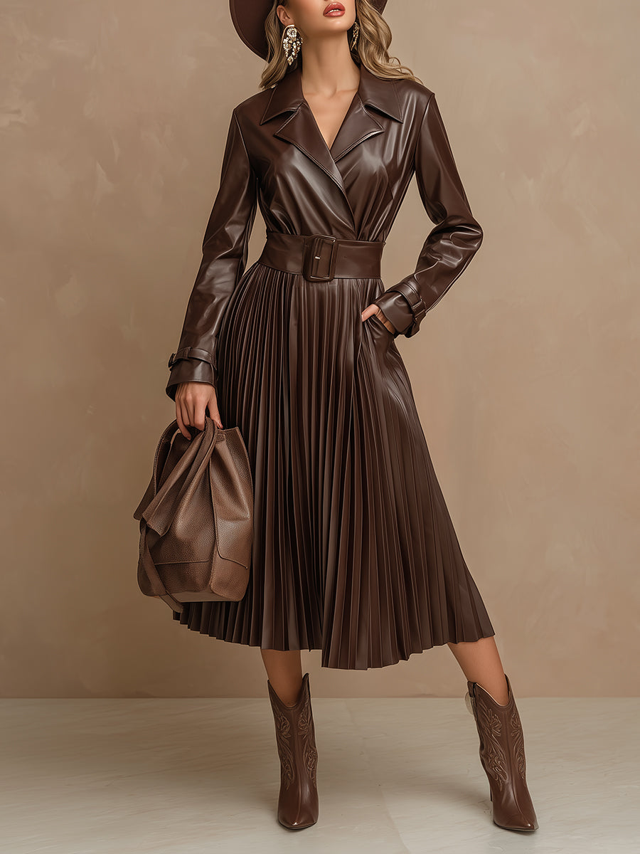Elegant And Romantic Pleated Skirt Burgundy Faux Leather Midi Dress