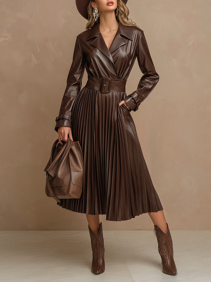 Elegant And Romantic Pleated Skirt Burgundy Faux Leather Midi Dress