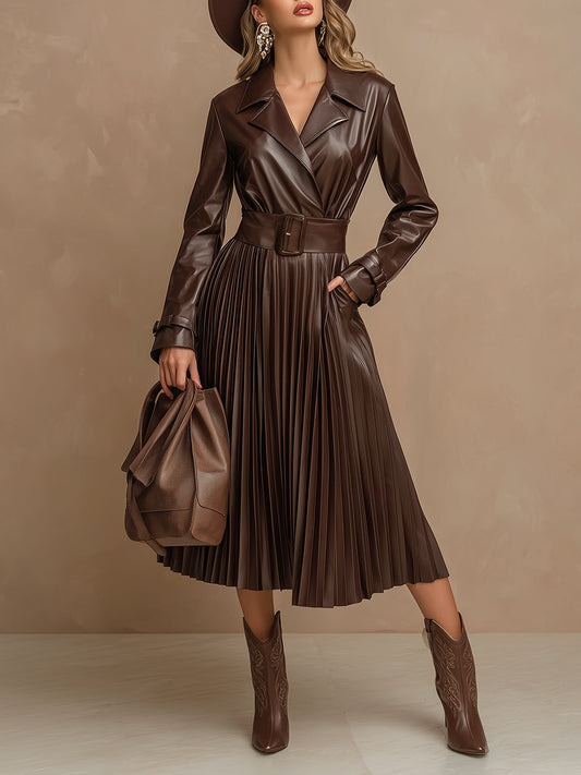 Elegant And Romantic Pleated Skirt Burgundy Faux Leather Midi Dress