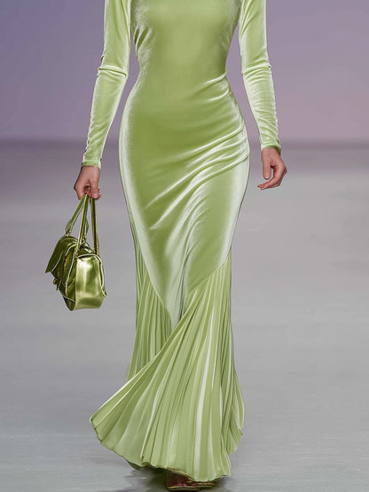 Elegant And Graceful Grass Green High-neck Velvet Skirt Pleated Maxi Dress