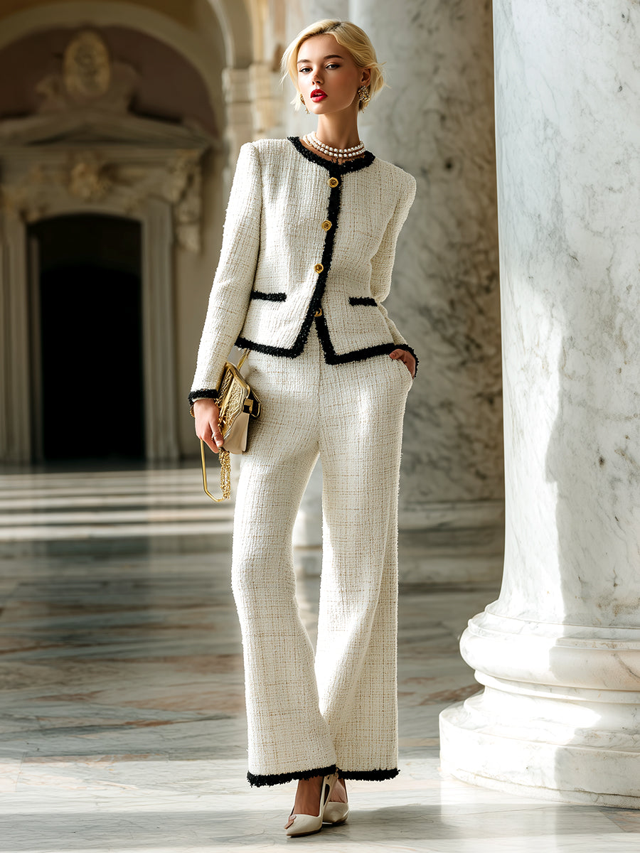 Elegant Classic Hemming Off-white Tweed Jacket And Wide-leg Pants Set