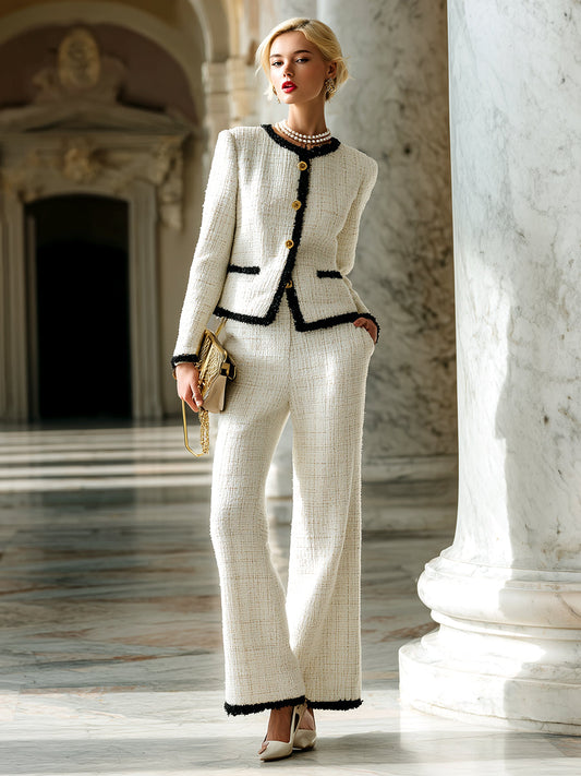 Elegant Classic Hemming Off-white Tweed Jacket And Wide-leg Pants Set