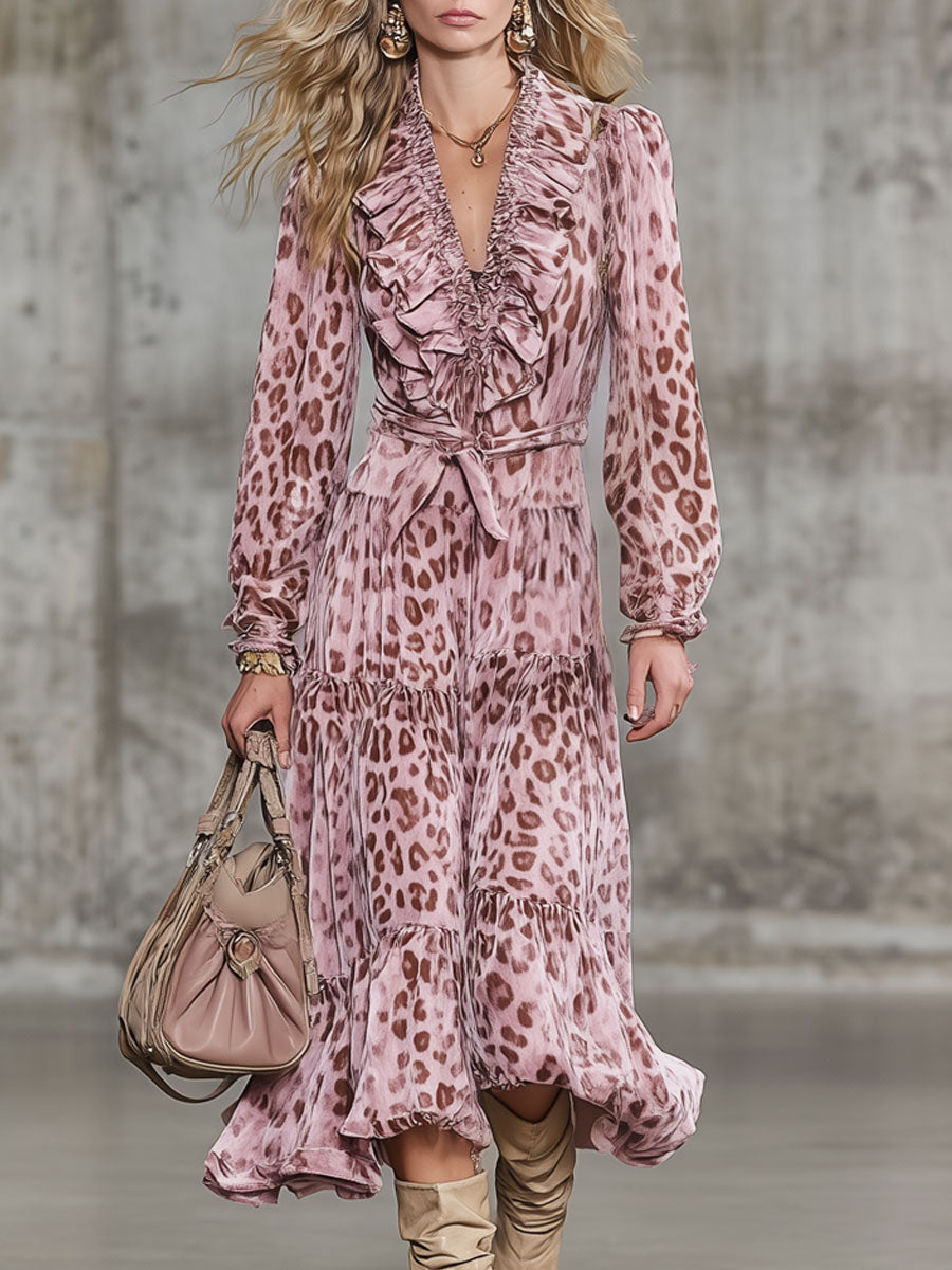 Fashion Retro Pink Velvet Leopard Print Ruffled Smocked Midi Dress