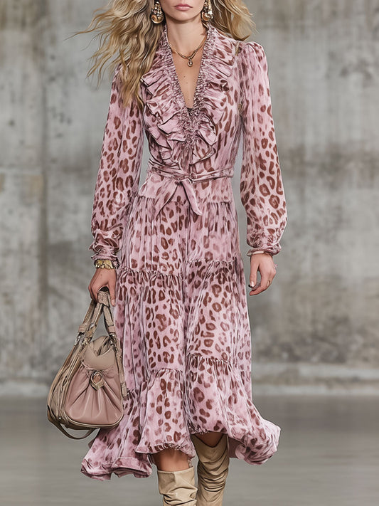 Fashion Retro Pink Velvet Leopard Print Ruffled Smocked Midi Dress
