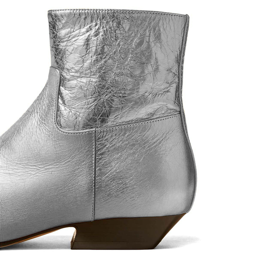 Fashion Silver Metallic Square Toe Chunky Heel Booties for Women