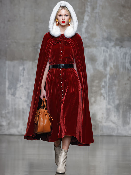 Fashion Retro Red Velvet Hooded Fur Collar Cape Dress Set