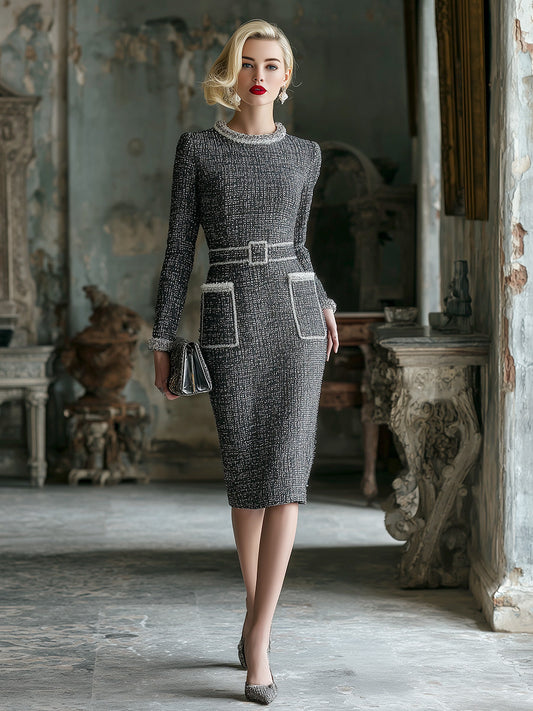 Elegant And Charming Gray Tweed Round Neck Belted Long Sleeve Midi Dress