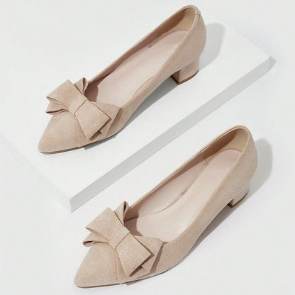 Beige Faux Suede Closed Toe Chunky Heel Pumps with Bow