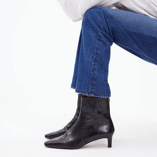 Elegant Vegan Leather Black Square Toe Kitten Heel Boots with Zipper