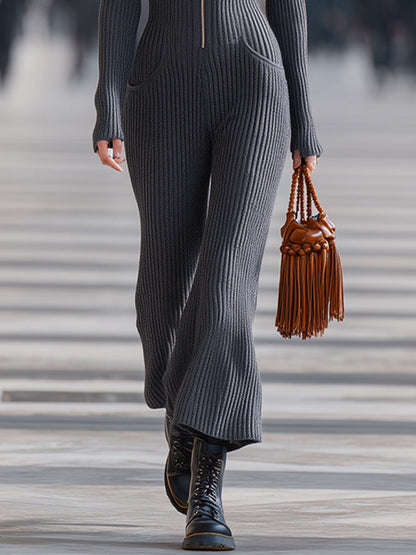 Fashion Retro Dark Grey Knitted Long-Sleeved Round Neck Zipper Flared Jumpsuit
