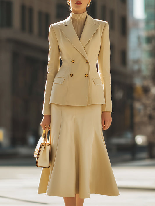 Elegant Beige Double - Breasted Blazer And Midi Skirt Set
