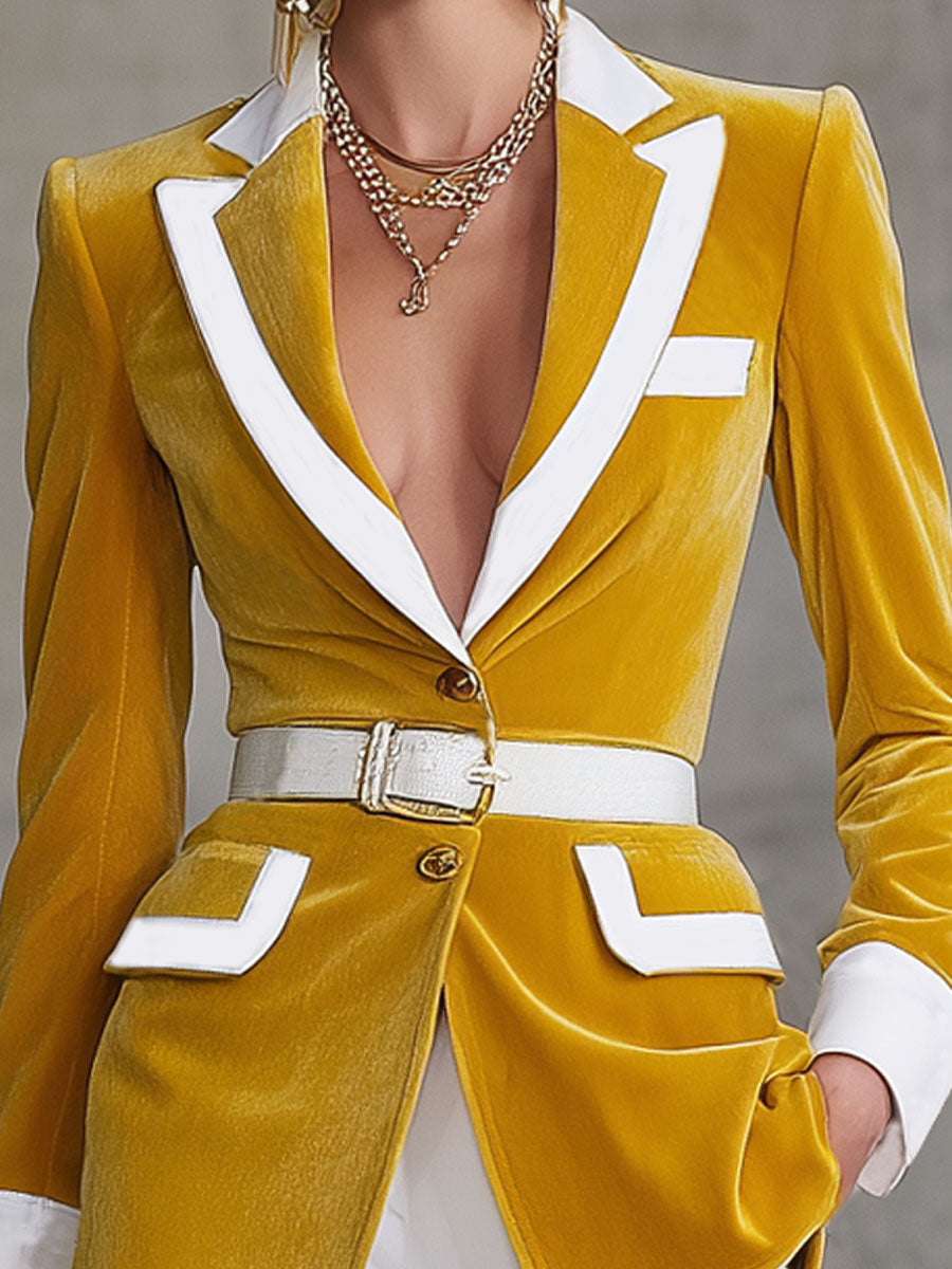 Elegant Lapel Contrasting Velvet Belt Blazer
