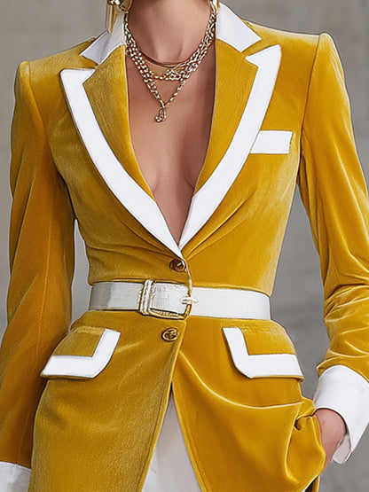 Elegant Lapel Contrasting Velvet Belt Blazer