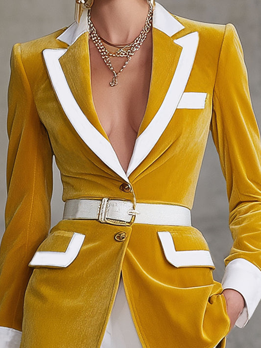 Elegant Lapel Contrasting Velvet Belt Blazer