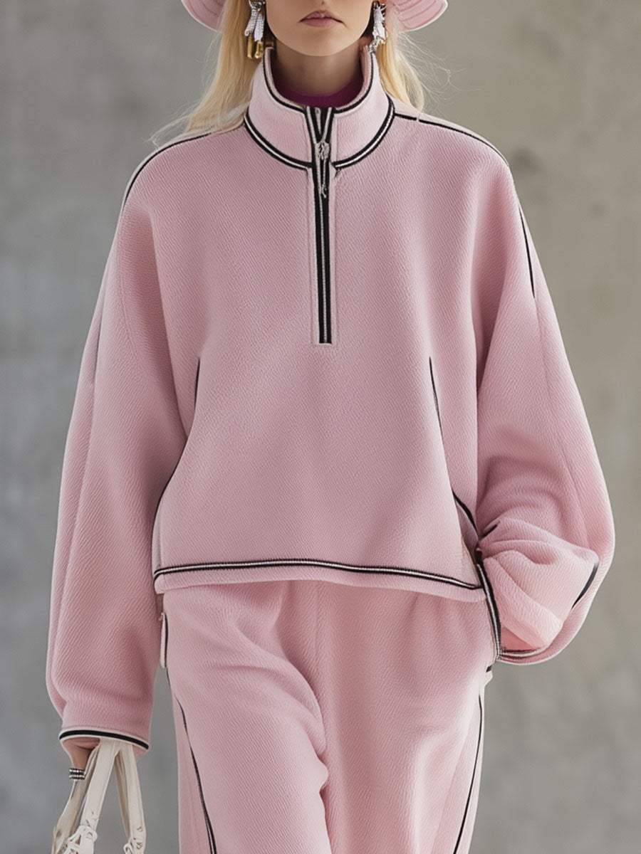 Fashionable And Casual Pink Half-Zip Top And Wide-Leg Pants Knitted Set
