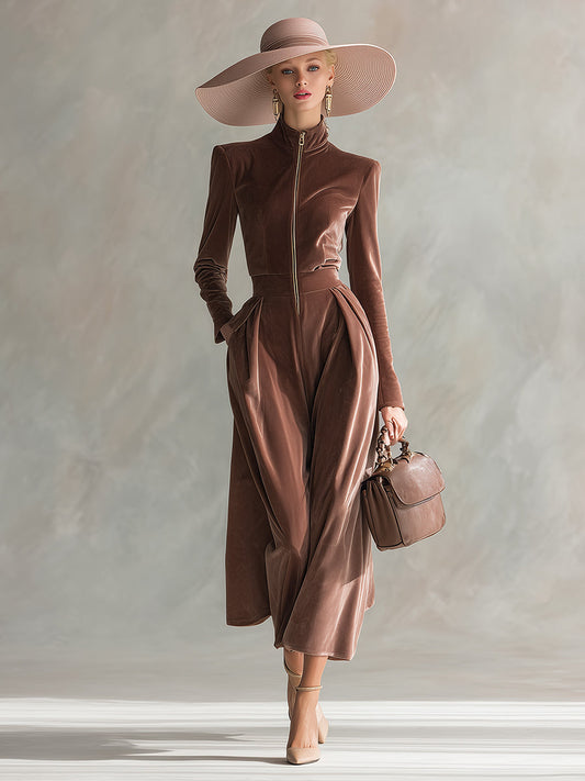 Exquisite And Elegant Stand-up Collar Front Zipper Light Brown Velvet Long-sleeved Maxi Dress