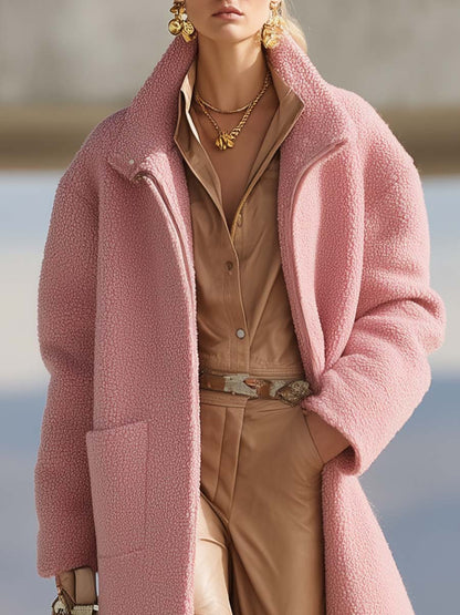 Fashionable Western Versatile Lapel Front Zipper Pink Polar Fleece Coat