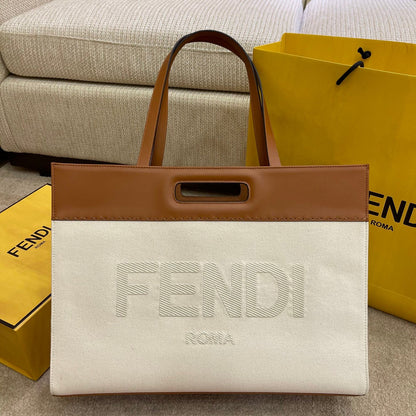 FI Canvas Tote Bag Beige/Brown For Women, Handbags 18.1in/46cm FF 7VA480