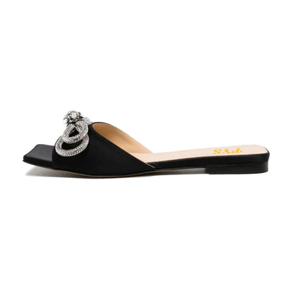 Elegant Black Satin Open Square Toe Rhinestone Bow Flat Mules