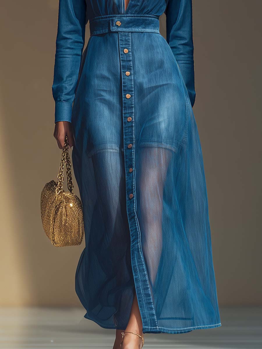 Exquisite And Fashionable Front Button V-neck Long Sleeve Organza Blue Denim Maxi Dress