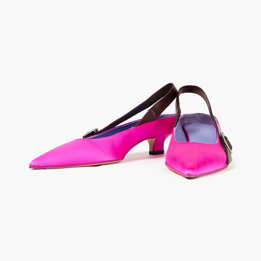 Fuchsia & Brown Satin Pointed Toe Kitten Heel Slingback Pumps