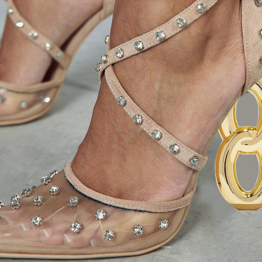 Beige Mesh Closed Toe 4'' Decorative Heel Rhinestone Strappy Pumps