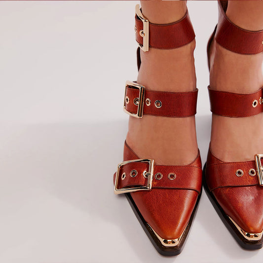 Distressed Tan Metallic Accent Pointed Toe Buckle Strap Chunky Heels