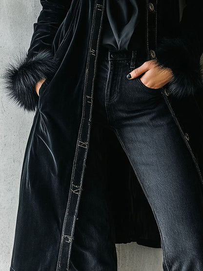 Elegant Tailoring Long Black Velvet Coat With Eco Fur Collar & Cuffs