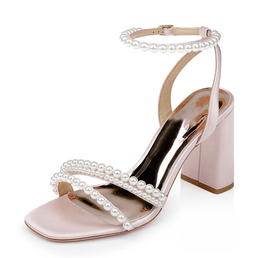 Elegant Pink Satin Pearl Strappy Wedding Sandals with Chunky Heel