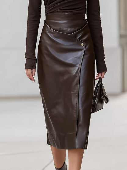 Dark Chocolate Faux Leather Wrap Skirt With High-Neck Top