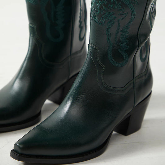 Dark Green Pointy Toe 3’‘ Chunky Heel Mid-Calf Cowgirl Boots