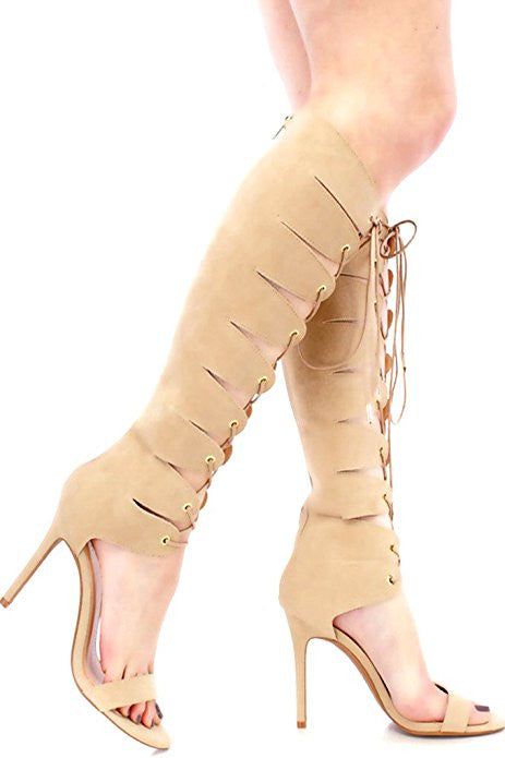 Apricot Open Toe 3'' Stiletto Heel Lace Up Knee High Sandals