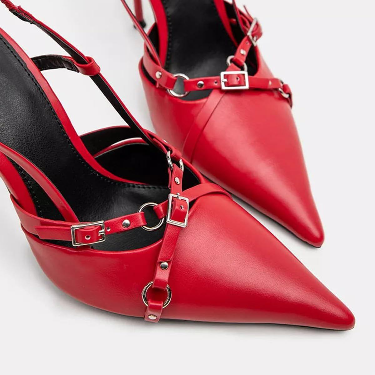 Fashion Red Pointed Toe Buckle Strap Stiletto Heel Slingback Pumps