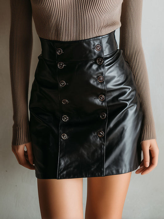 Double-Breasted Button High-Waisted Black Eco Leather Mini Skirt