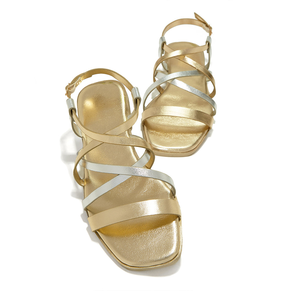Gold & Silver Glitter Square Toe Flat Ankle Strap Sandals