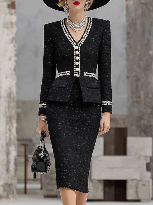 Elegant Black Tweed Top And Skirt Set