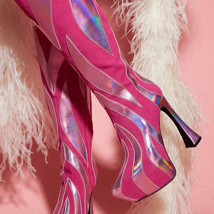 Fuchsia Vegan Suede Splicing Pointed Toe Flared Heel Platform Boots